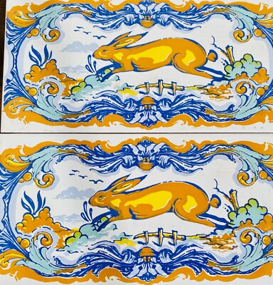 3 Vintage Tiles, Spanish ''Talavera de la Reina'' Maiolica Majolica Rabbit Yellow