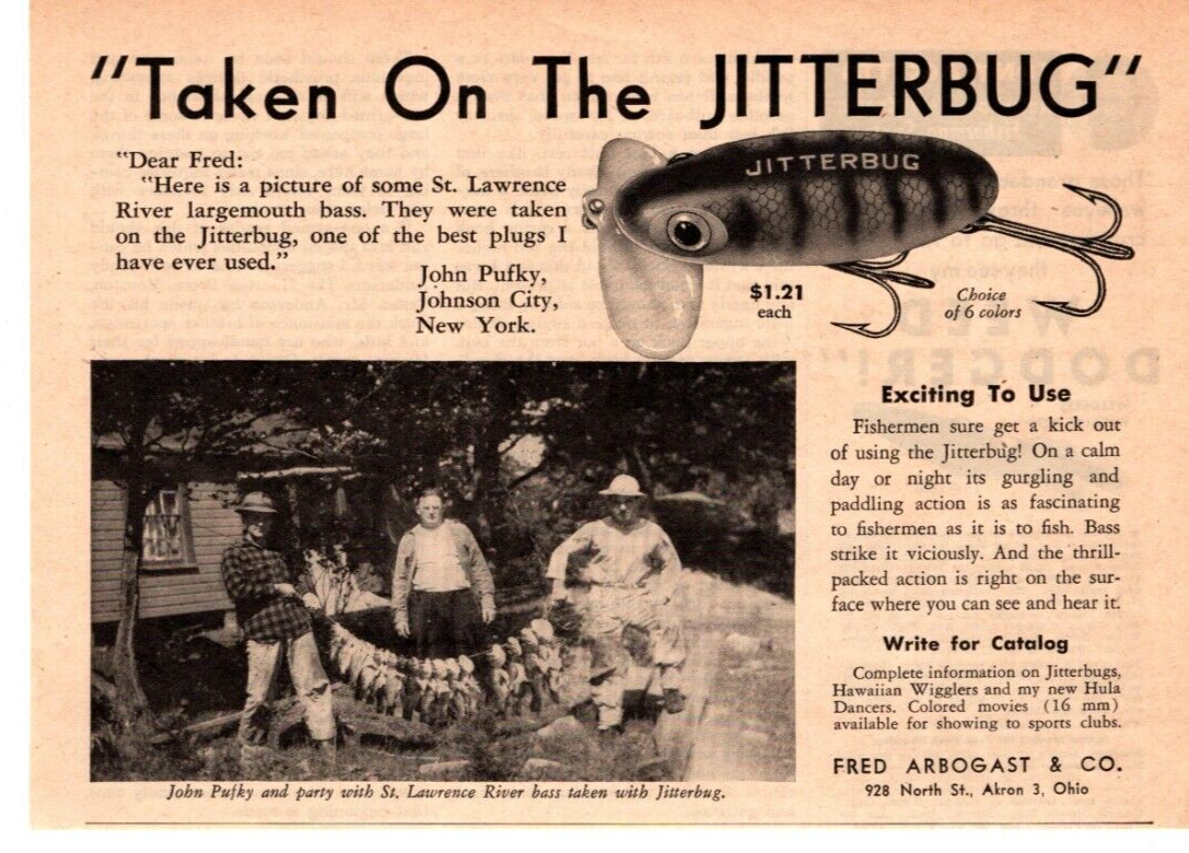 1947 JITTERBUG FISHING LURE PRINT AD, ARBOGAST, ST LAWRENCE RIVER BASS, PRINT AD | eBay