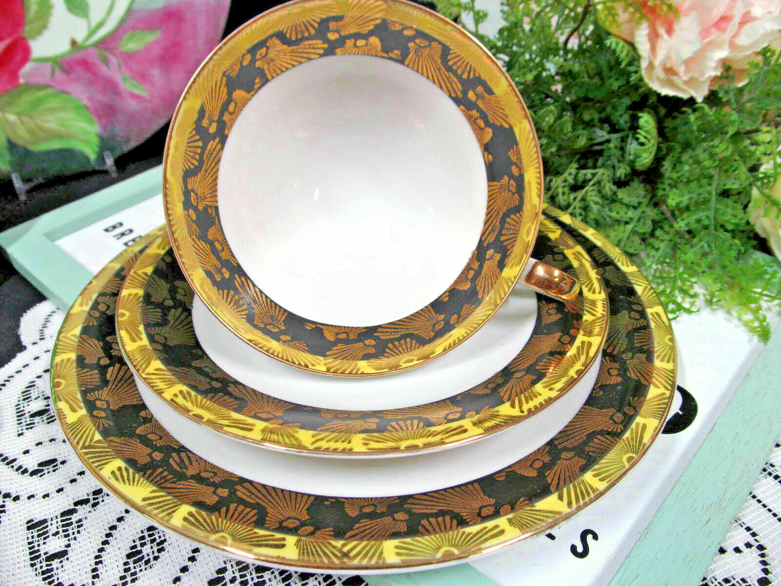 BAVARIA GERMANY tea cup and saucer trio ETCHED gold gilt black band teacup 50   