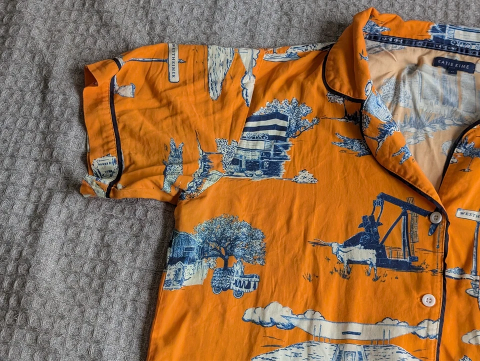 Katie Kime Top Women Medium Orange Houston Toile Pajama Shirt Button Up Cotton - Image 3 of 4