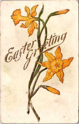 Easter Daffodils Large Stalks Gold Gilt Embossed c1905 postcard NQ3