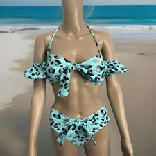 NWT 90s Style BCBG Leopard Sexy Off The Shoulder Bikini Bathing Suit S Y2K