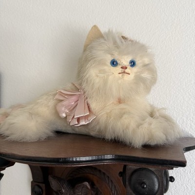 Vintage 50s White Cream Real Rabbit Fur Jerry Elsner Persian Cat Blue Eyes Bows