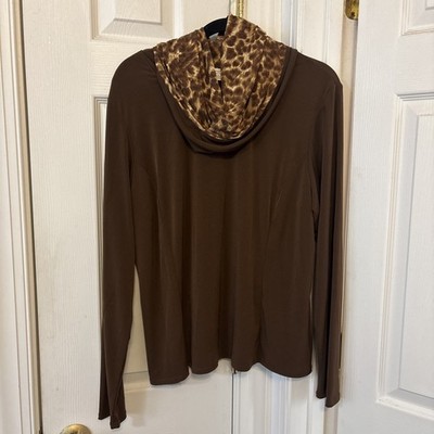 Simonton Says Women Sz XL Brown Slinky LS Knit Top Leopard Cowl Neck Stretch