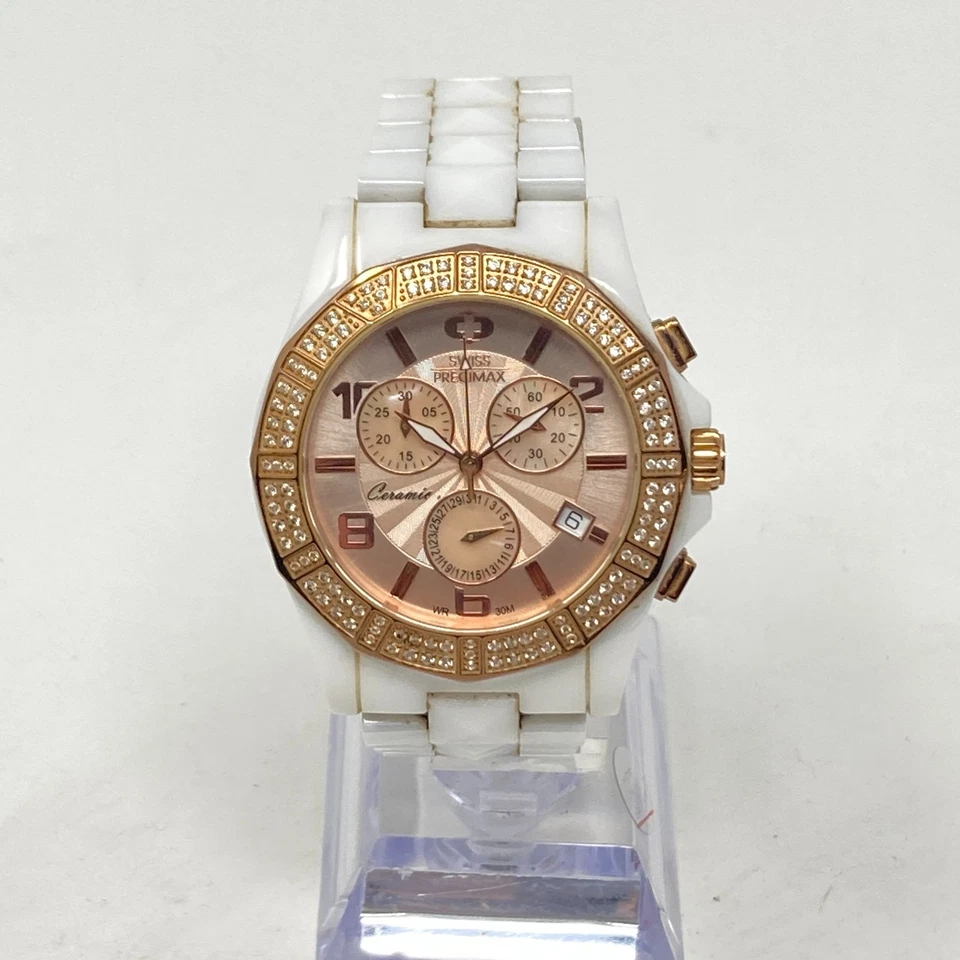 Swiss Precimax Chronograph Watch Women 38mm Rose Gold Tone Ceramic New Batt 6.5" - Image 3 of 4