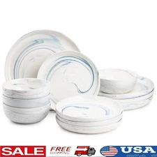 12 Piece Blue Marble Stoneware Dinnerware Set Microwave Dishwasher Safe Kitchen