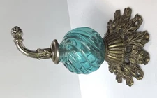 Ornate Floral Metal &  Glass Robe or Towel Hook Hollywood Regency Blue Color