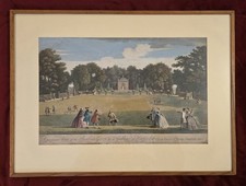 VIEW OF THE BOWLING GREEN AT GUBBINS 1748 North Mimms Hand Coloured Engraving