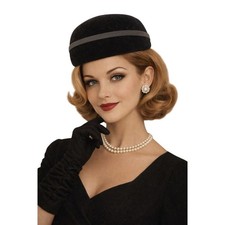 VTG 1950s Black Velvet Pillbox Hat Grosgrain Bow Cocktail Church Classic