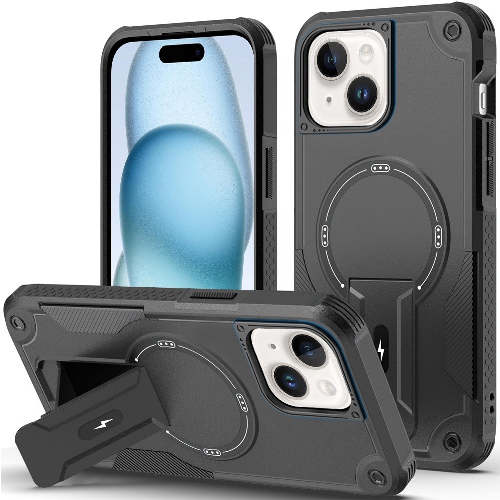 For iPhone 15 Case Magnetic Circle Rugged Grip Kickstand + 2 Tempered Glass-image
