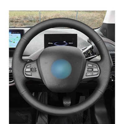 Hand Sewn Black PU Artificial Leather Steering Wheel Cover for BMW i3 2013-2022