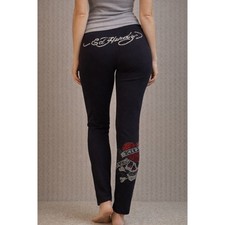 Ed Hardy Black Rhinestone Skull Heart Graphic Leggings Pants Womens M