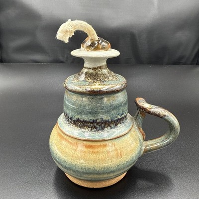 Vintage Studio Glazed Pottery Oil Lamp Signed Earth Tones 5  Handle Never Used