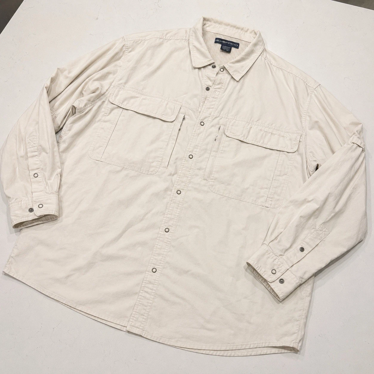 ExOfficio Fishing Shirt Mens XXL Beige Vented Outdoor Safari Hiking Button Up