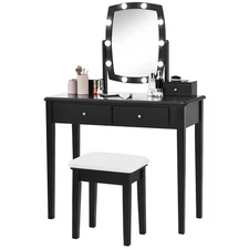 Vanity Table Set w/ Lighted Mirror Adjustable 10 Bulbs Dresser 4 Drawer Black