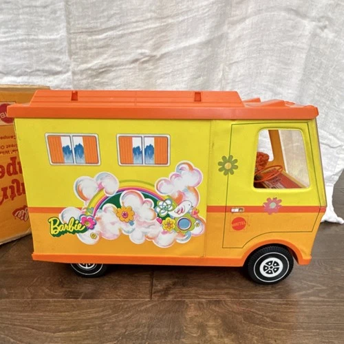 Mattel Barbie Vintage Camper Vehicle Yellow Orange 1970s Flower Rainbow Design