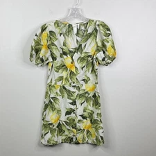 H&M Lemon Print Mini Dress Cream Green Puff Short Sleeve Women's Small Dress