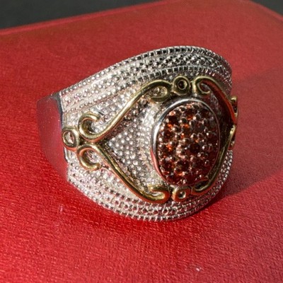 Designer 925 Sterling Cognac Diamond w/ Gold Scroll Accent Ring Size 9.75!