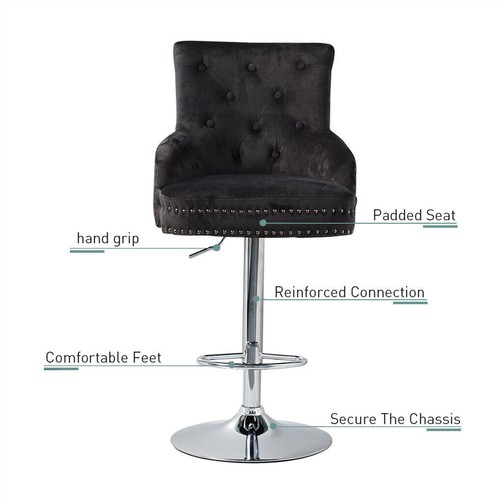 Luxury Black Velvet Swivel Bar Stool with Lion Knocker & Cross stitch High Back - Picture 12 of 16