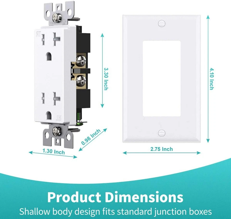 Outlet Socket, Decora Duplex Receptacle, 20 Amp 125 Volt Tamper Resistant 10pack - Image 4 of 4