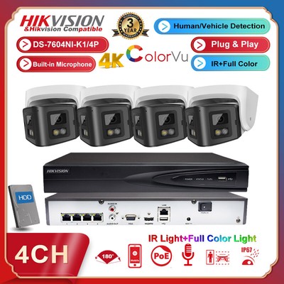 Hikvision 4k 4ch 4POE CCTV System 8MP Panoramic Dual Lens Full Color Camera Lot