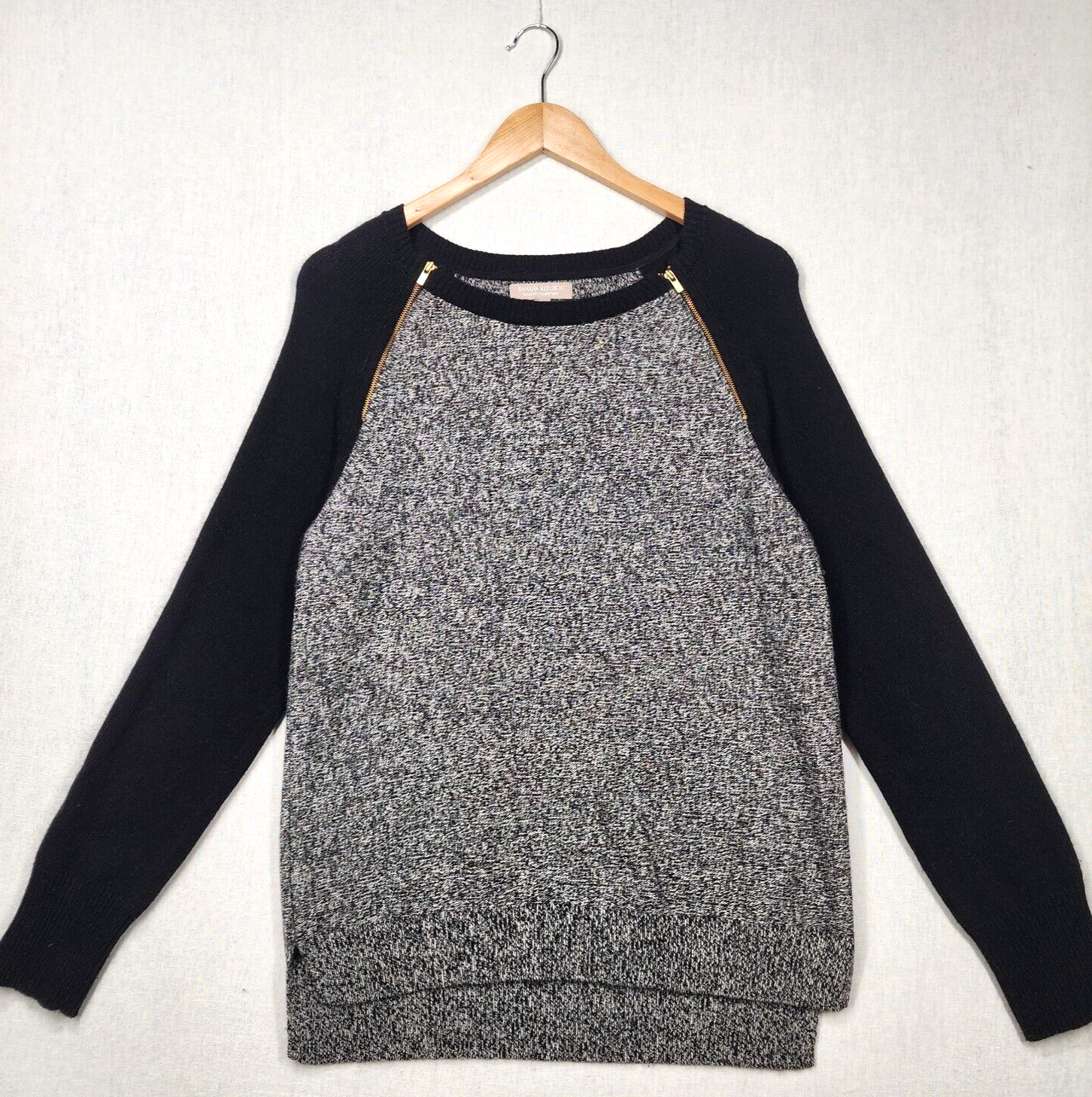 Banana Republic Merino Wool Cashmere Sweater Medium M Black Grey Marled Zipper