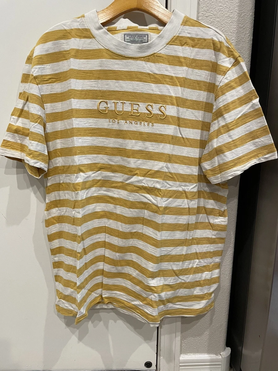 Retro Guess Los Angeles T shirt Striped Yellow Mens Medium