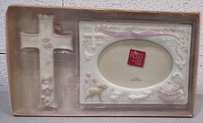 Russ Baby Baptism Christening Cross  Frame Ceramic Pink Girl Gift Set