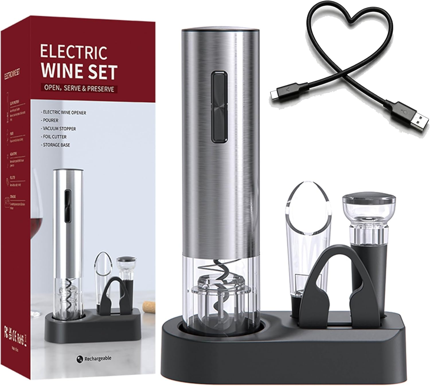Rechargeable Electric Wine Bottle Opener Set with LED Light and Charging Base – Effortless Cork Removal Every Time