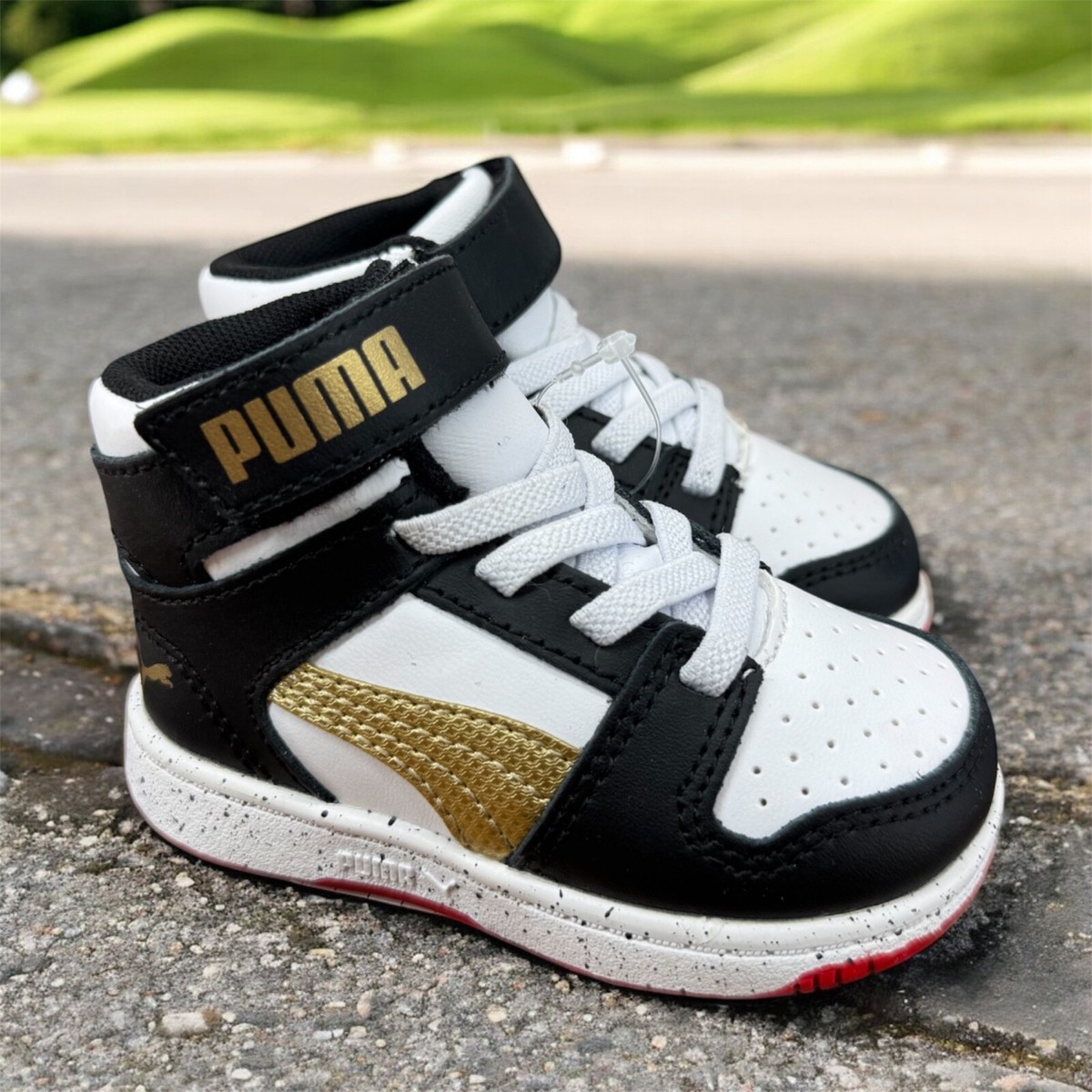 【kisama2004】Supreme Puma Boy's Rebound Mid Top Black and Gold Sneakers Casual