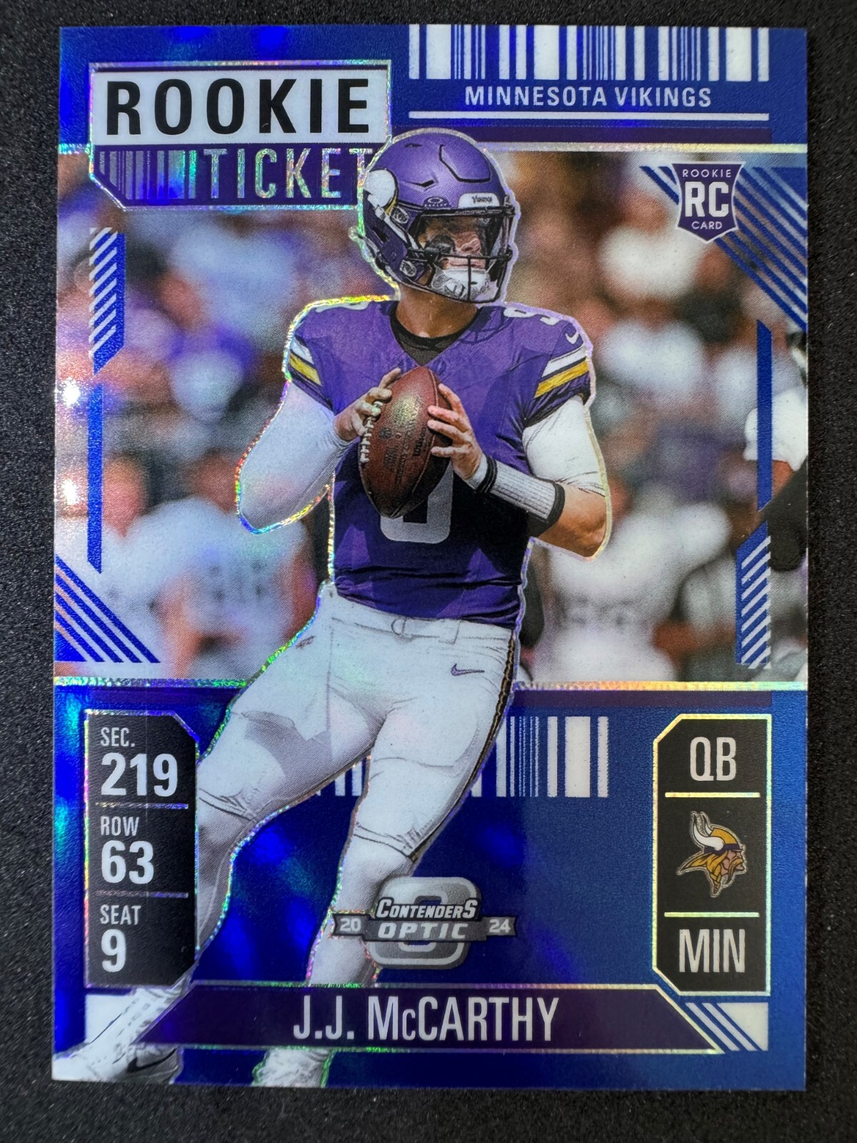 J.J. McCarthy 2024 Panini Contenders Optic SP RC Blue Prizm /99 #71 Vikings