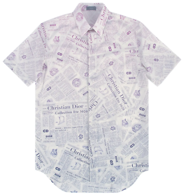 Dior Daniel Arsham Newspaper Silk Logo Short Sleeve Button Up Down