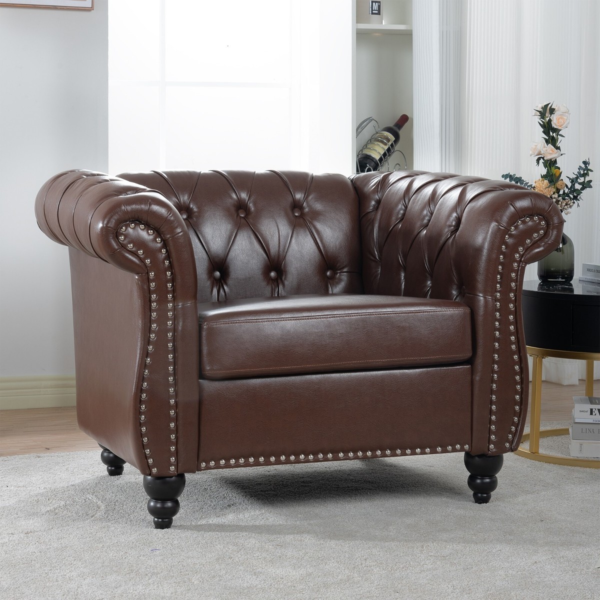 Classic Faux Leather Sofa Tufted Single Couch Armchair For Living