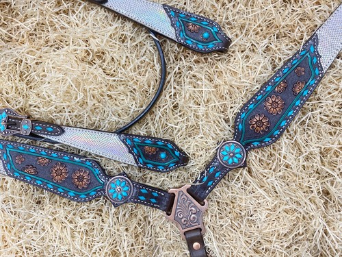 Leder Western Kopfstück Set für Pferd verziert mit holografischem Snack Print - Bild 21 von 79