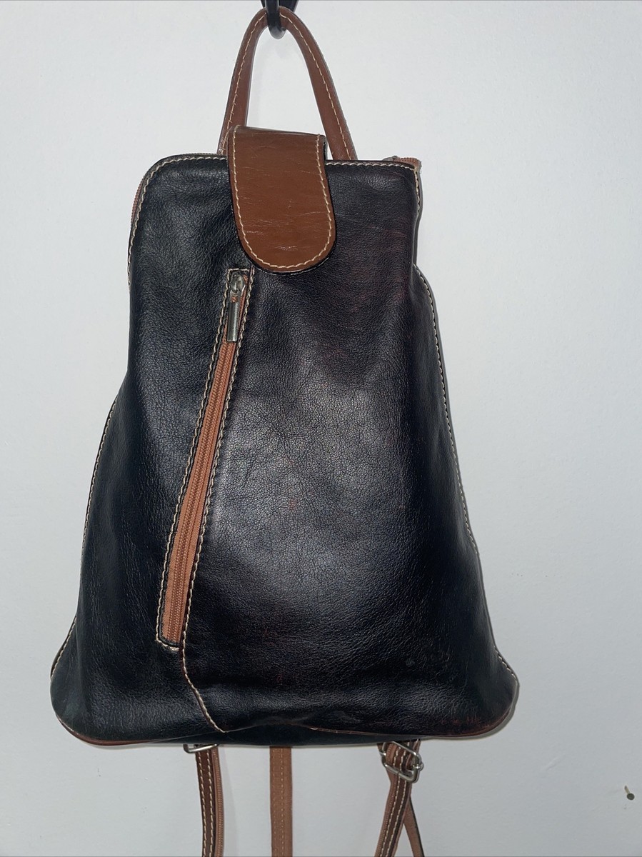 Women's Small Rucksack Backpack Black w Brown Trim UK - Main Image