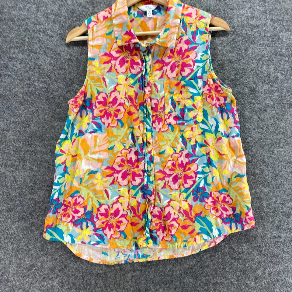 Camisa Time And Tru Mujer M Mediana Naranja Floral Abotonada Cuello Lino Informal Foto 4 de 4