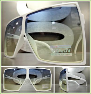 Oversize Vintage Retro Shield Style SUN GLASSES XL Square White Frame Ombre Lens