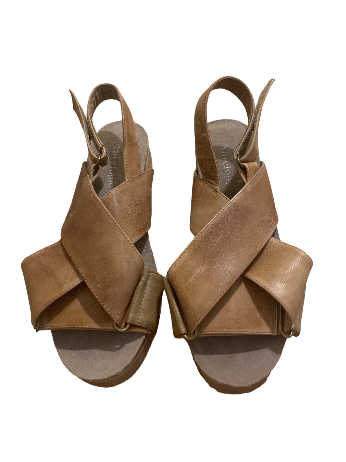 APL Sandali in pelle con tacco a croce e cintura incrociata marrone lucido antilope taglia 38 US 8