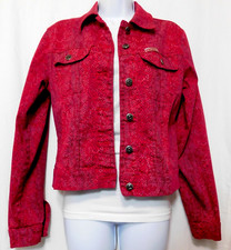 Vintage 90s Denim Jean Trucker Jacket Women M Stretch Y2k Red Animal Print Crest