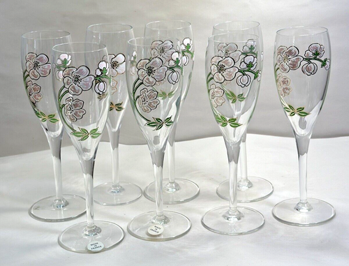 Set of Eight (8) Perrier Jouet Belle Epoque Fleur Champagne Hand-Painted Flutes