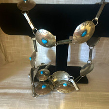 Sterling Silver Signed Turquoise Oval Bezel Link Statement Concho Belt 42