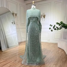 Customized Muslim Hijab Sage Green Long Sleeves Evening Dresses with Cape Dubai