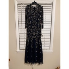 Adrianna Papell Midnight Blue Beaded Illusion Gown Dress Size 8 NWT