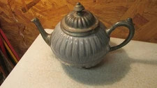 Antique Gray Graniteware Teapot Pewter Handles Spout & Lid