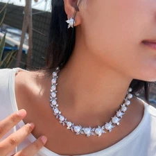 Women Bridal Pearl Necklace and Earring Silver Plated Cubic Zirconia Jewelry Set
