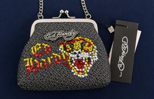 Ed Hardy Black Skull Rhinestone Kiss Lock Bag Silver Chain Strap