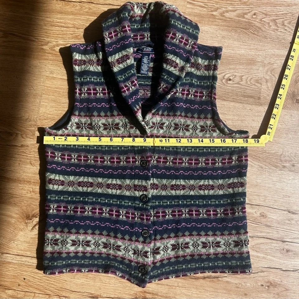 Chaps Denim Fair Isle Suéter Chaleco Mujer L Chal Cuello Abotonado Invierno Tejido Foto 3 de 4