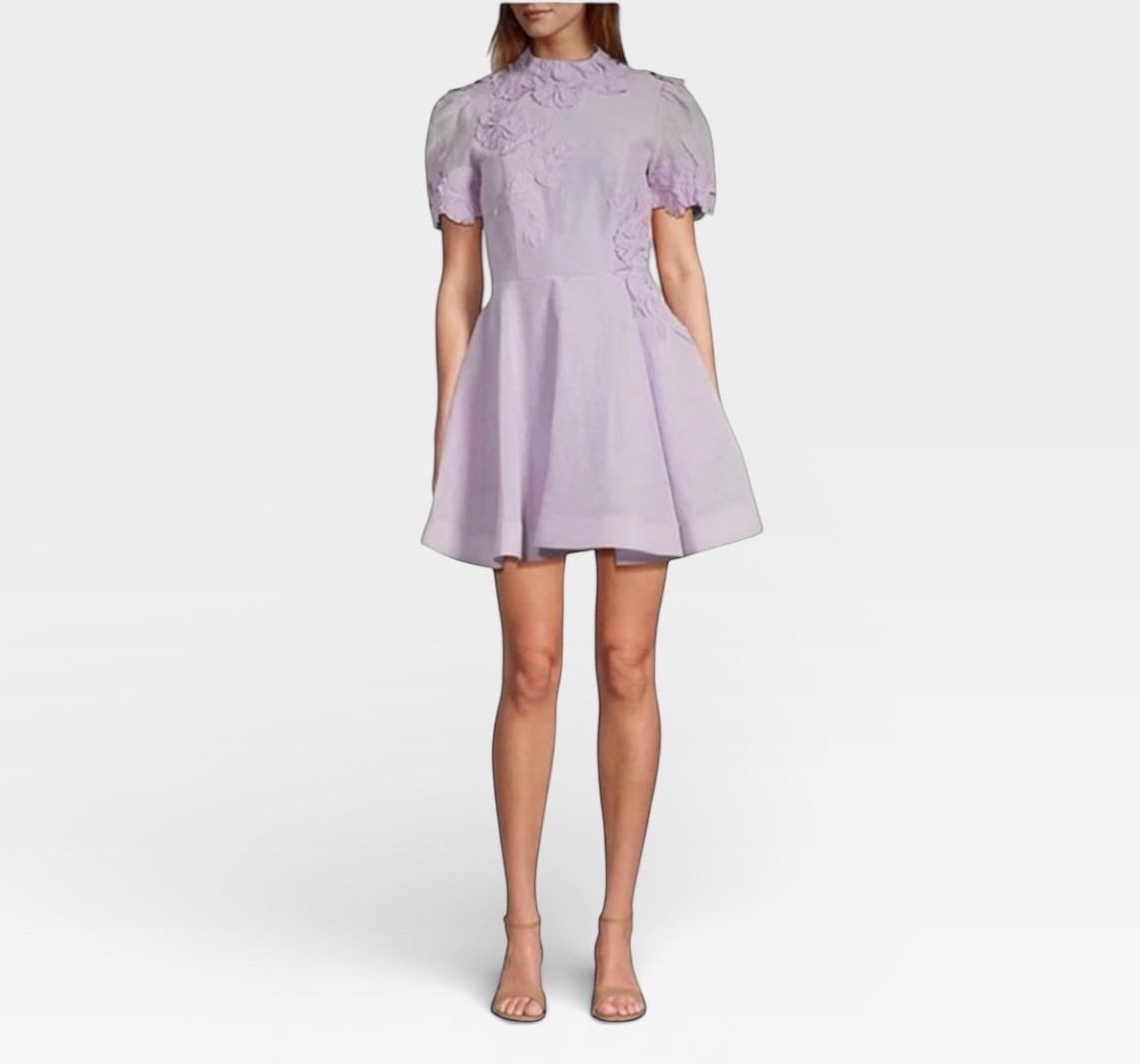 Antonio melani sz 12 iris linen floral appliqué mockneck ss dress lavender nwt