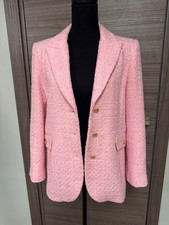 ZARA Pink Tweed Blazer Womens S Gold Button Tailored Jacket Textured Lined