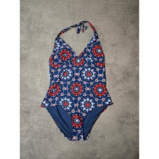 Old Navy Swimsuit One Piece XL Blue Red Floral Halter Removable Pads New